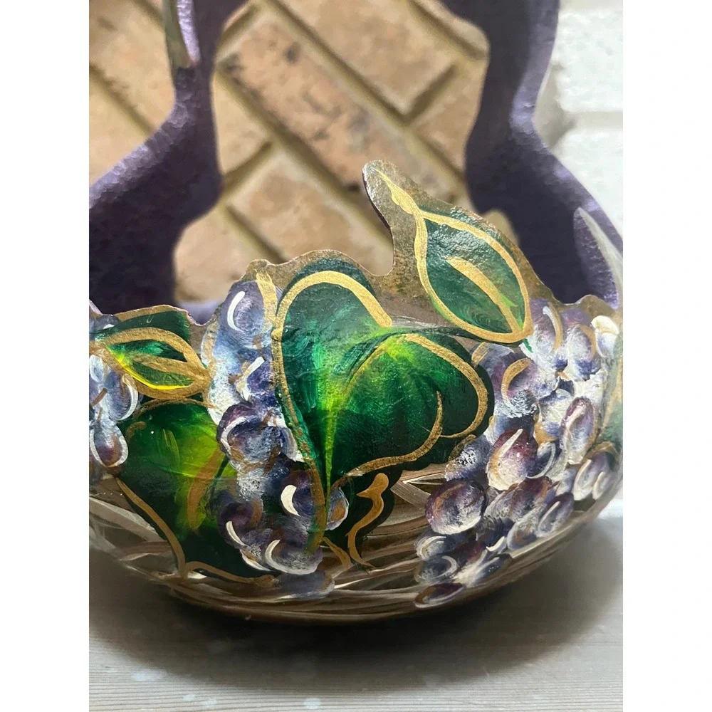 Vtg Hand-Painted Gourd Basket Hanging Planter Pot Stitched  Prple‎ green gold